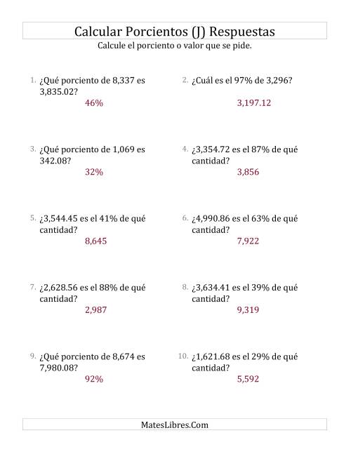 La hoja de ejercicios de Cálculos Mixtos de Porcientos (Decimales, Incrementos entre 1% y 99%) (J) Página 2