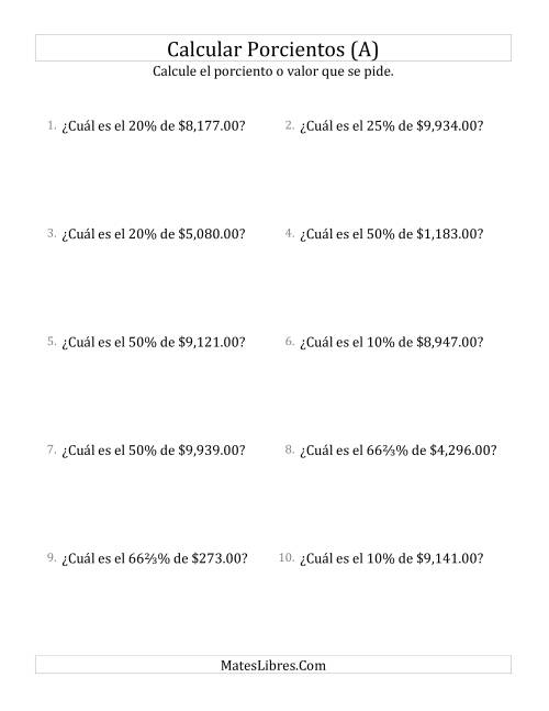 La hoja de ejercicios de Calcular el Porciento de Dinero (Decimales, Incrementos de Porcientos Selectos) (A)