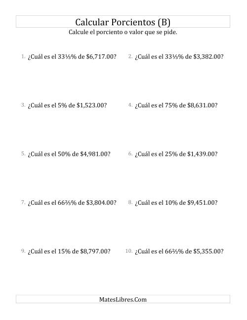 La hoja de ejercicios de Calcular el Porciento de Dinero (Decimales, Incrementos de Porcientos Selectos) (B)