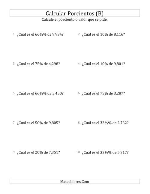 La hoja de ejercicios de Calcular el Porciento (Decimales, Incrementos de Porcientos Selectos) (B)