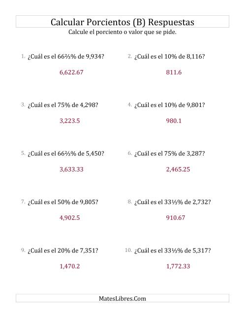 La hoja de ejercicios de Calcular el Porciento (Decimales, Incrementos de Porcientos Selectos) (B) Página 2