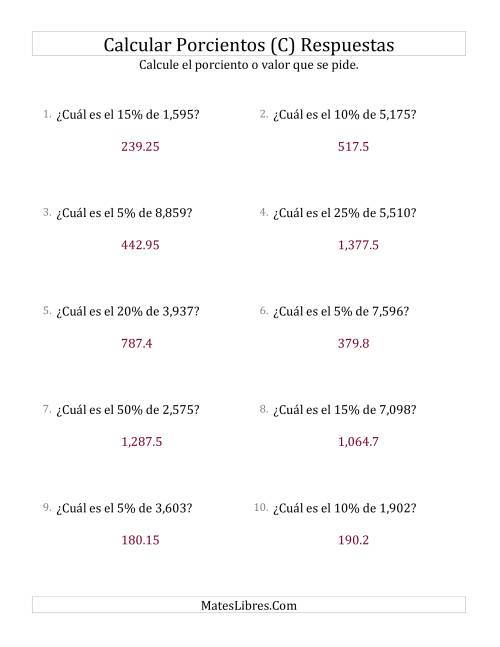 La hoja de ejercicios de Calcular el Porciento (Decimales, Incrementos de Porcientos Selectos) (C) Página 2