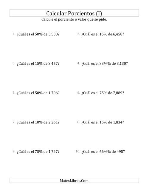 La hoja de ejercicios de Calcular el Porciento (Decimales, Incrementos de Porcientos Selectos) (J)