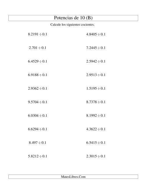 La hoja de ejercicios de Dividir Decimales por Potencias Negativas de 10 (Estándar) (B)