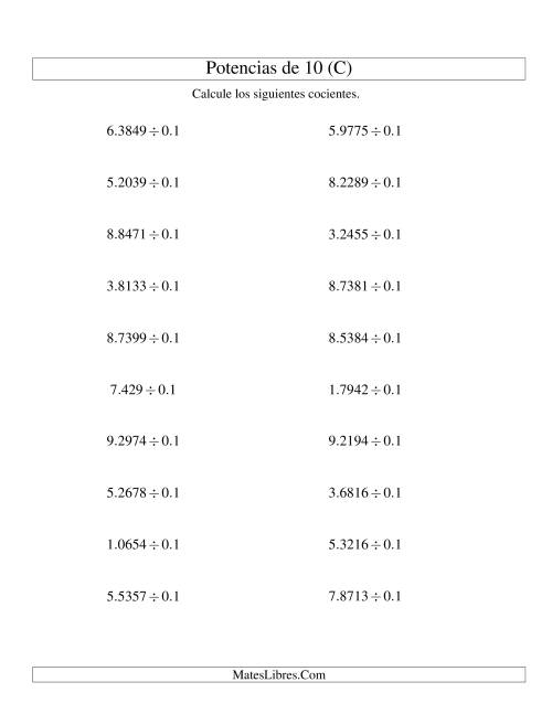 La hoja de ejercicios de Dividir Decimales por Potencias Negativas de 10 (Estándar) (C)