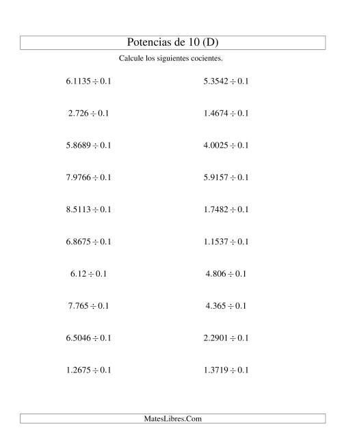 La hoja de ejercicios de Dividir Decimales por Potencias Negativas de 10 (Estándar) (D)