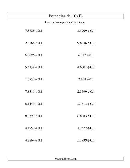 La hoja de ejercicios de Dividir Decimales por Potencias Negativas de 10 (Estándar) (F)
