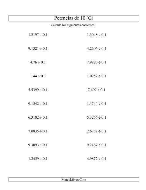 La hoja de ejercicios de Dividir Decimales por Potencias Negativas de 10 (Estándar) (G)