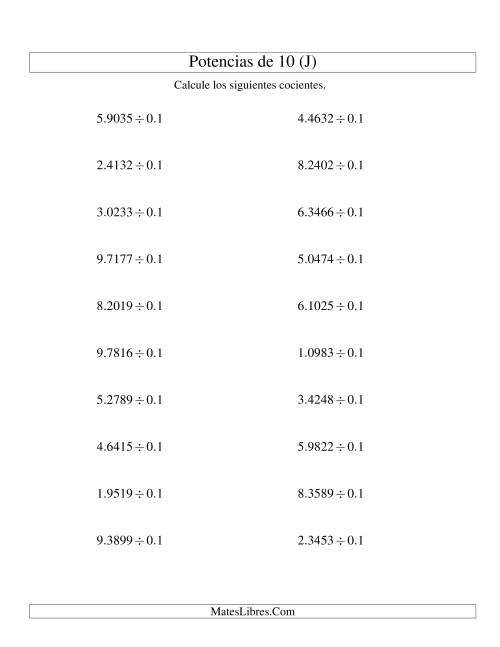 La hoja de ejercicios de Dividir Decimales por Potencias Negativas de 10 (Estándar) (J)