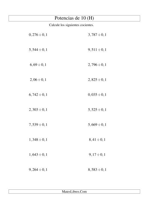 La hoja de ejercicios de Dividir Decimales por Potencias Negativas de 10 (Estándar) (H)