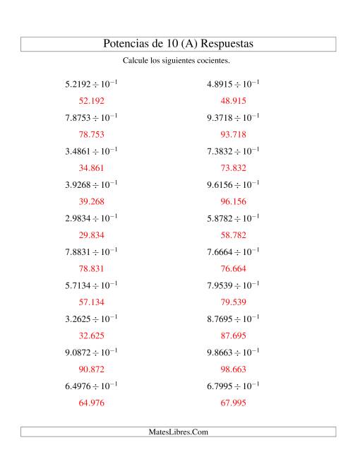 La hoja de ejercicios de Dividir Decimales por Potencias Negativas de 10 (Exponencial) (A) Página 2