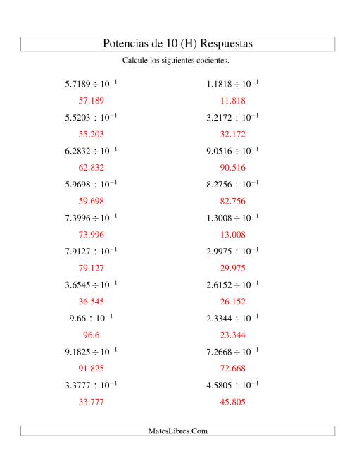 La hoja de ejercicios de Dividir Decimales por Potencias Negativas de 10 (Exponencial) (H) Página 2