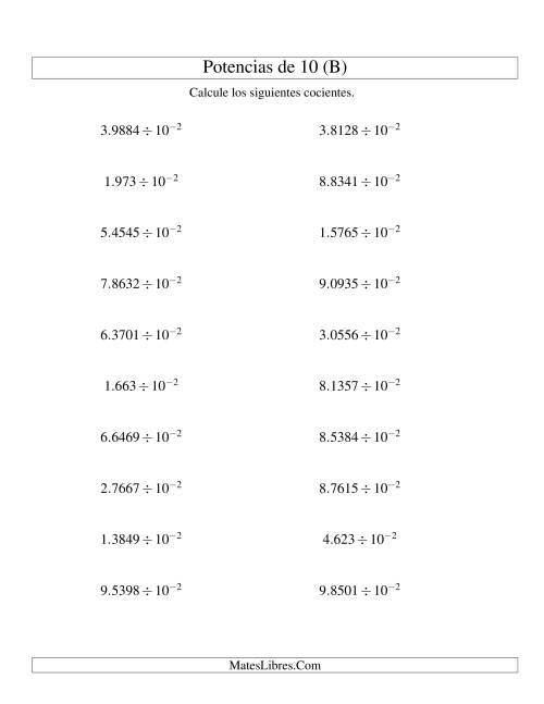 La hoja de ejercicios de Dividir Decimales por Potencias Negativas de 10 (Exponencial) (B)