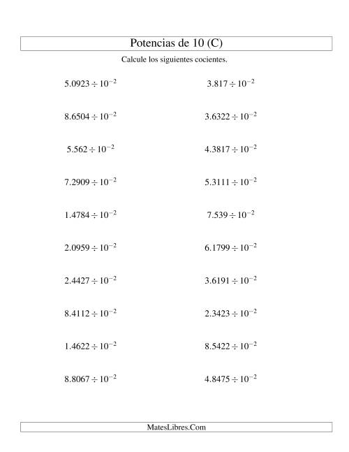 La hoja de ejercicios de Dividir Decimales por Potencias Negativas de 10 (Exponencial) (C)