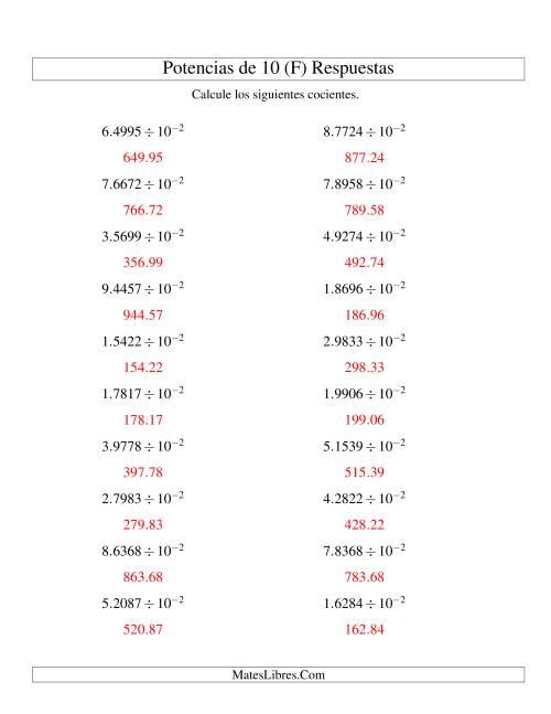 La hoja de ejercicios de Dividir Decimales por Potencias Negativas de 10 (Exponencial) (F) Página 2