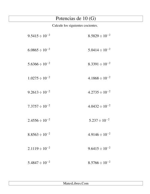 La hoja de ejercicios de Dividir Decimales por Potencias Negativas de 10 (Exponencial) (G)