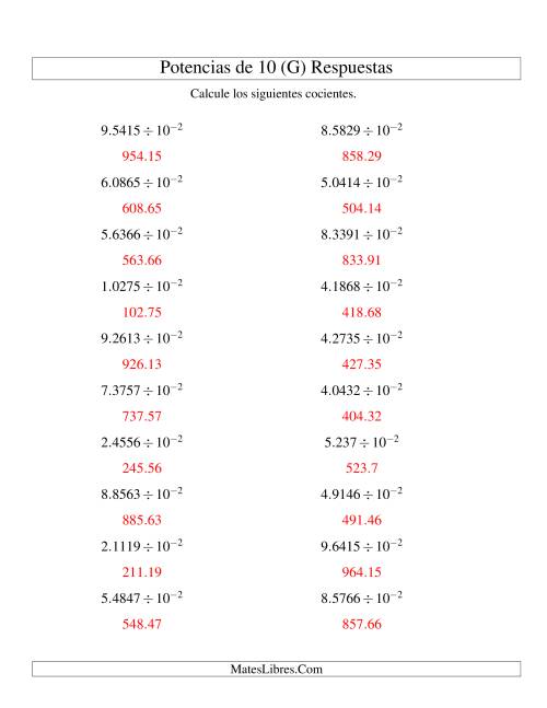 La hoja de ejercicios de Dividir Decimales por Potencias Negativas de 10 (Exponencial) (G) Página 2