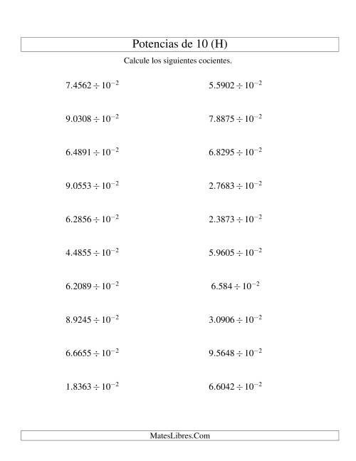 La hoja de ejercicios de Dividir Decimales por Potencias Negativas de 10 (Exponencial) (H)