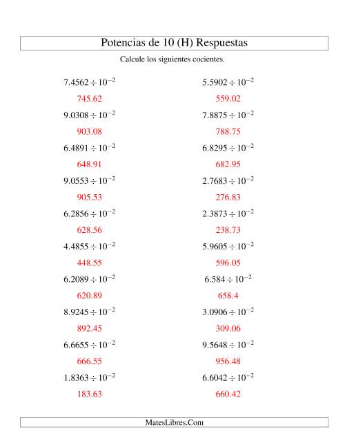 La hoja de ejercicios de Dividir Decimales por Potencias Negativas de 10 (Exponencial) (H) Página 2