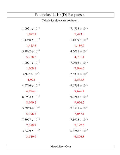 La hoja de ejercicios de Dividir Decimales por Potencias Negativas de 10 (Exponencial) (D) Página 2