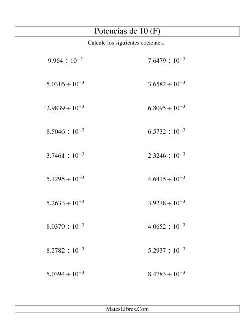 La hoja de ejercicios de Dividir Decimales por Potencias Negativas de 10 (Exponencial) (F)