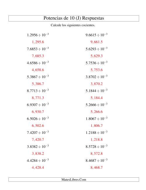 La hoja de ejercicios de Dividir Decimales por Potencias Negativas de 10 (Exponencial) (J) Página 2