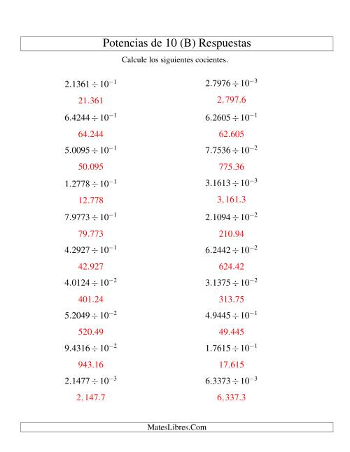 La hoja de ejercicios de Dividir Decimales por Potencias Negativas de 10 (Exponencial) (B) Página 2