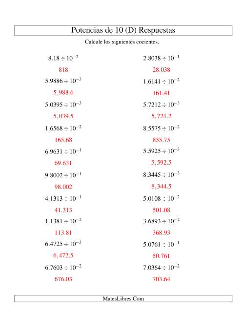 La hoja de ejercicios de Dividir Decimales por Potencias Negativas de 10 (Exponencial) (D) Página 2