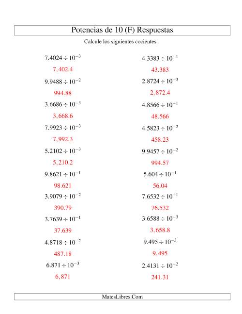 La hoja de ejercicios de Dividir Decimales por Potencias Negativas de 10 (Exponencial) (F) Página 2