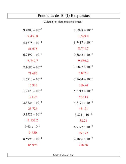 La hoja de ejercicios de Dividir Decimales por Potencias Negativas de 10 (Exponencial) (I) Página 2