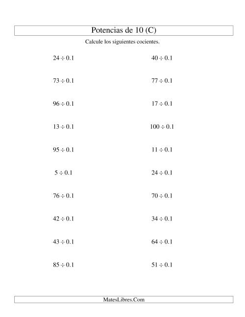 La hoja de ejercicios de Dividir Enteros por Potencias Negativas de 10 (Estándar) (C)