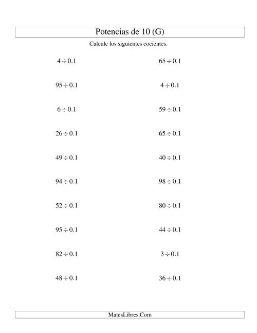 La hoja de ejercicios de Dividir Enteros por Potencias Negativas de 10 (Estándar) (G)