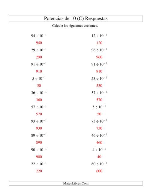 La hoja de ejercicios de Dividir Enteros por Potencias Negativas de 10 (Exponencial) (C) Página 2
