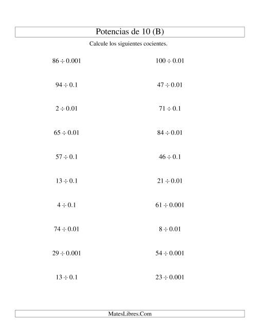 La hoja de ejercicios de Dividir Enteros por Potencias Negativas de 10 (Estándar) (B)