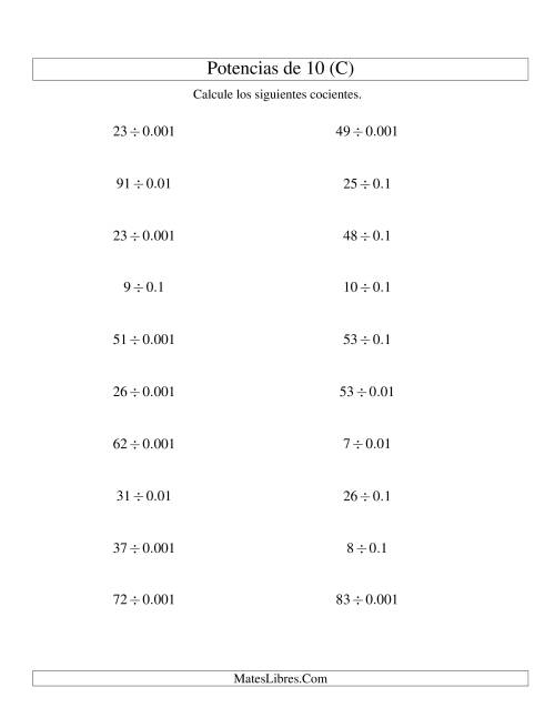 La hoja de ejercicios de Dividir Enteros por Potencias Negativas de 10 (Estándar) (C)