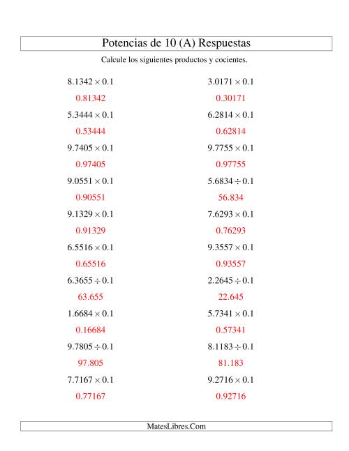 La hoja de ejercicios de Multiplicar y Dividir Decimales por Potencias Negativas de 10 (Estándar) (A) Página 2