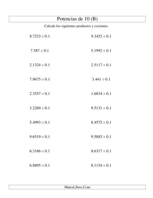 La hoja de ejercicios de Multiplicar y Dividir Decimales por Potencias Negativas de 10 (Estándar) (B)
