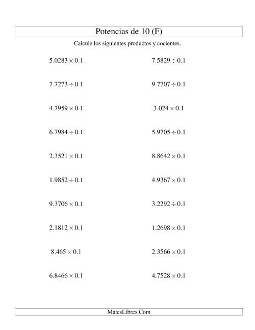 La hoja de ejercicios de Multiplicar y Dividir Decimales por Potencias Negativas de 10 (Estándar) (F)
