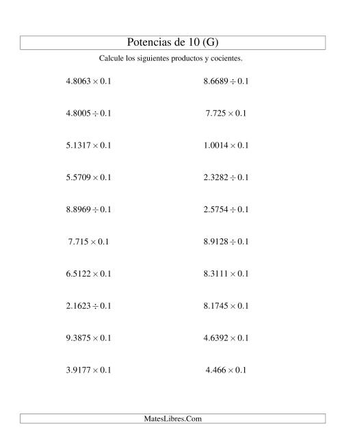 La hoja de ejercicios de Multiplicar y Dividir Decimales por Potencias Negativas de 10 (Estándar) (G)