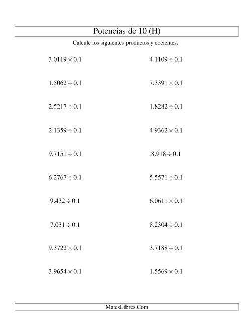 La hoja de ejercicios de Multiplicar y Dividir Decimales por Potencias Negativas de 10 (Estándar) (H)