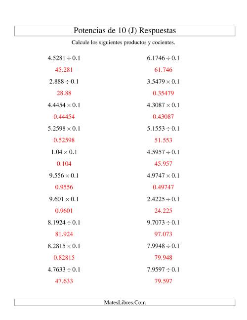 La hoja de ejercicios de Multiplicar y Dividir Decimales por Potencias Negativas de 10 (Estándar) (J) Página 2