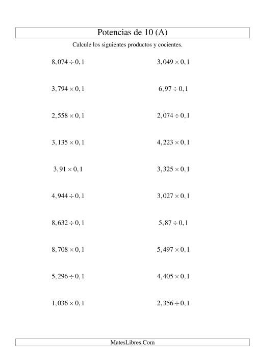 La hoja de ejercicios de Multiplicar y Dividir Decimales por Potencias Negativas de 10 (Estándar) (A)