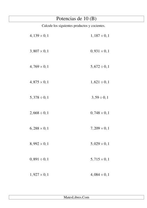 La hoja de ejercicios de Multiplicar y Dividir Decimales por Potencias Negativas de 10 (Estándar) (B)