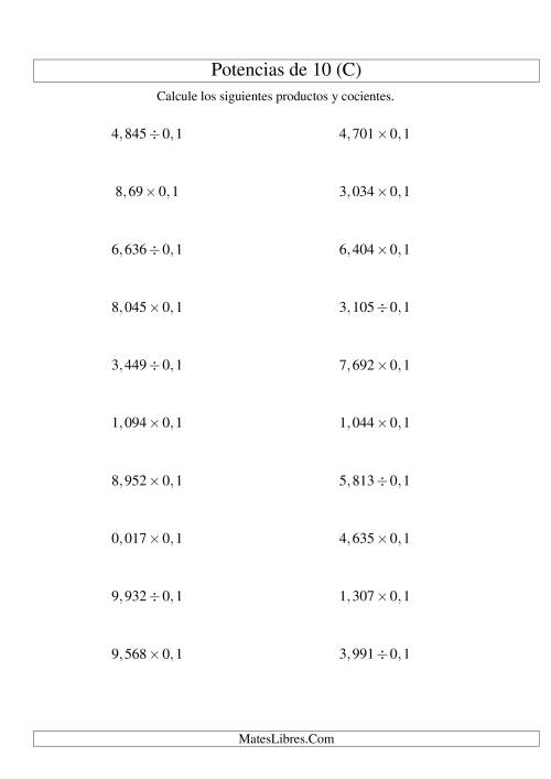 La hoja de ejercicios de Multiplicar y Dividir Decimales por Potencias Negativas de 10 (Estándar) (C)