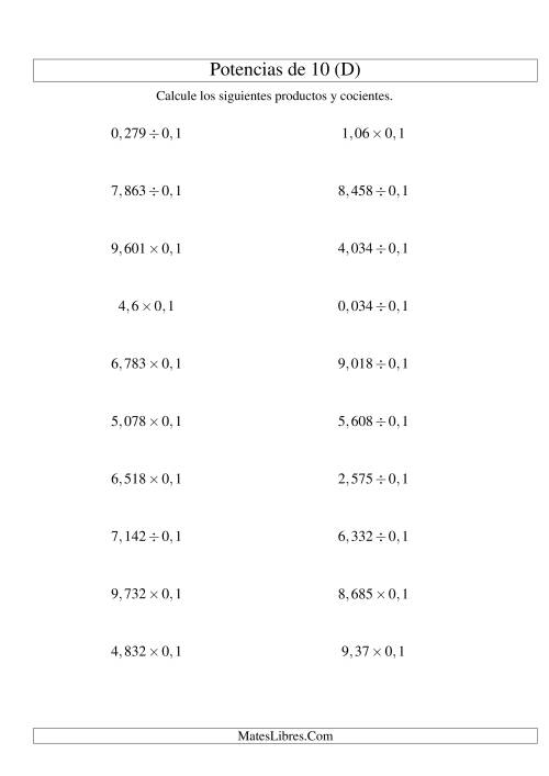 La hoja de ejercicios de Multiplicar y Dividir Decimales por Potencias Negativas de 10 (Estándar) (D)