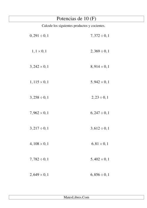 La hoja de ejercicios de Multiplicar y Dividir Decimales por Potencias Negativas de 10 (Estándar) (F)