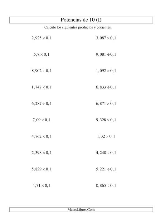 La hoja de ejercicios de Multiplicar y Dividir Decimales por Potencias Negativas de 10 (Estándar) (I)