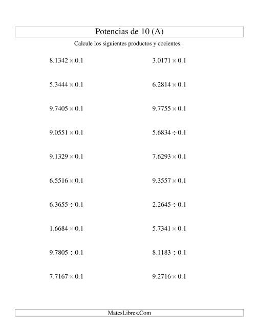 La hoja de ejercicios de Multiplicar y Dividir Decimales por Potencias Negativas de 10 (Estándar) (Todas)