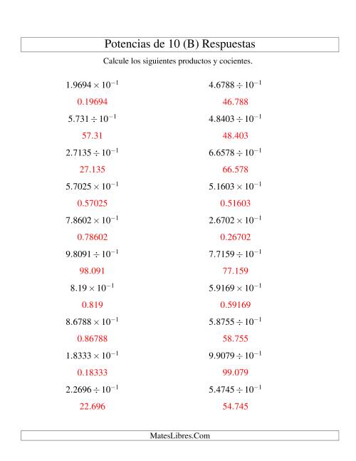 La hoja de ejercicios de Multiplicar y Dividir Decimales por Potencias Negativas de 10 (Exponencial) (B) Página 2