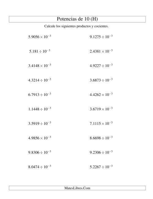 La hoja de ejercicios de Multiplicar y Dividir Decimales por Potencias Negativas de 10 (Exponencial) (H)